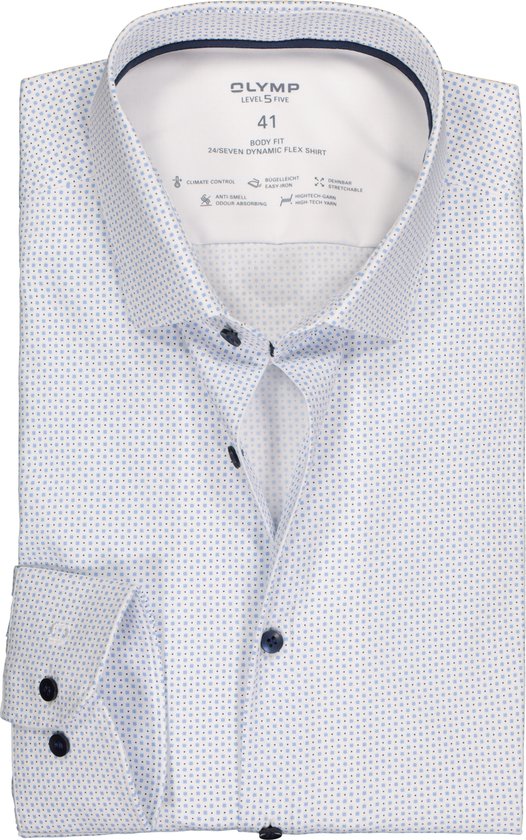 OLYMP 24/7 Level 5 body fit overhemd - mouwlengte 7 - popeline - lichtblauw dessin (contrast) - Strijkvriendelijk - Boordmaat: 40