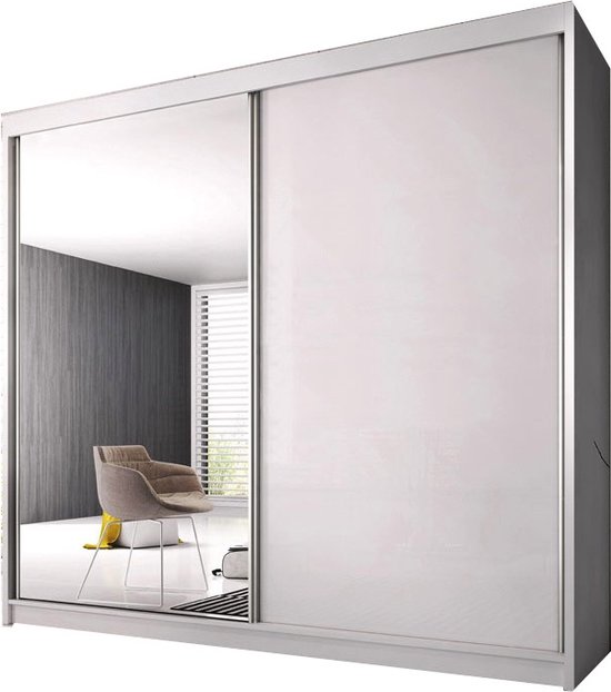 E-MEUBILAIR Zweefdeurkast Kledingkast met Spiegel Garderobekast met planken en kledingstang - 183x61x218 cm (BxDxH) - K006 (Wit)