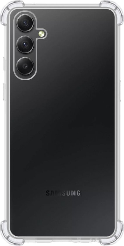 Transparante telefoonhoes met versterkte hoeken, die de achterkant van een telefoon met drie camera's toont. Samsung logo zichtbaar.