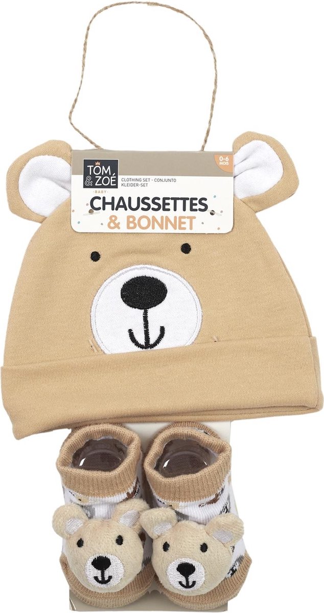 Tom en Zoe - Babysokjes met muts - Beer - 0 tot 6 maand - Geschenk set - Bruin van Tom en Zoe — afbeelding 2