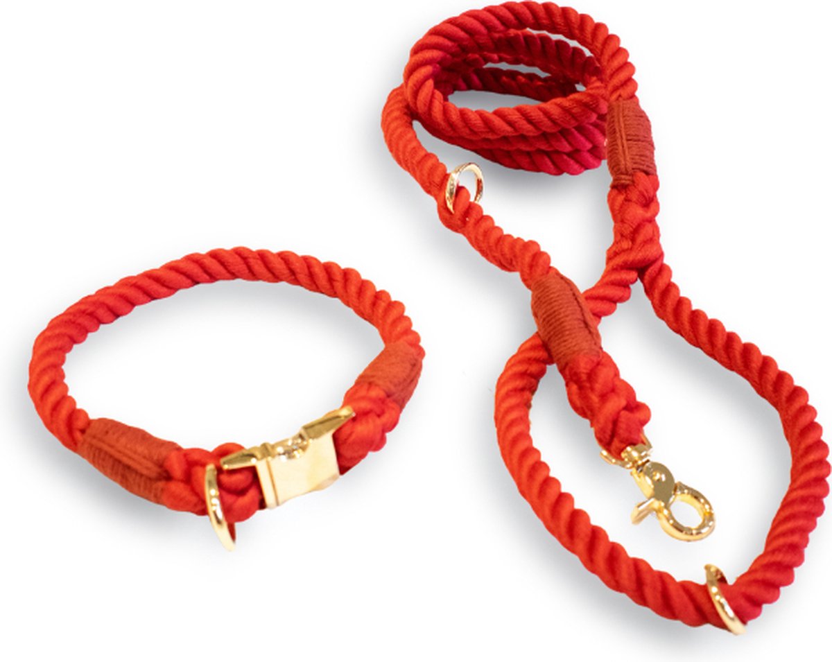 Meritosh Halsband S (30cm omtrek) + Leiband Set 100% Katoen Handgemaakt Rood 150cm