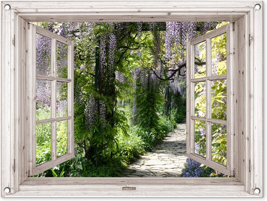 Tuinposter doorkijk - Wit raam - Tuindecoratie blauwe regen - 80x60 cm - Tuinschilderij voor buiten - Tuindoek - Wanddecoratie tuin - Schuttingdoek - Balkon decoratie groen - Muurdecoratie - Buitenschilderij