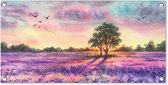 Poster de jardin Lavande - Peinture - Vogels - Arbres - Violet - 80x40 cm - Décoration murale Extérieur - Poster de jardin - Toile de jardin - Poster de clôture - Tableau de jardin