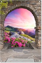 Affiche de jardin - Voir à travers - Pierres - Montagnes - Coucher de soleil - Fleurs - Voir à travers - 60x90 cm - Affiche de clôture - Toile de jardin