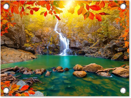 Tuin decoratie Stenen - Boom - Waterval - Herfst - Rood - 40x30 cm - Tuindoek - Buitenposter