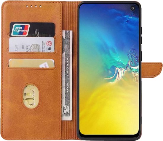 Geschikt voor Samsung Galaxy S10E Telefoonhoesje Kunstleer met Magnetisch lipje en Pasjeshouder Book Case met Klepje - Bruin - Smartphonica geschikt voor Samsung Galaxy S10E