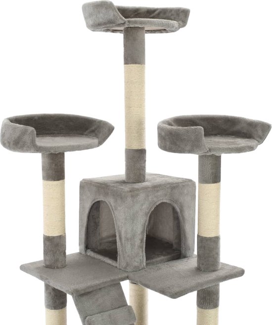 Mekidulu Krabpaal, 135 cm, van hout, stabiel, moderne krabpaal met eigendomswoning, kattentrap, kom, 9 sisal-krabpalen, speelgoedballen, grote kattenkrabpaal (KT-022