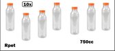 10x Flesje RPET helder 750cc met oranje dop - gerecycled PET drinken jus sinas cola