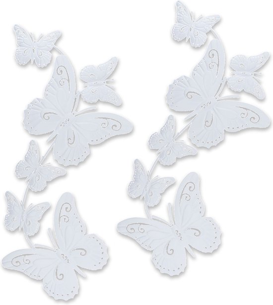 Pro Garden tuin/wand decoratie vlinders - 2x - metaal - wit - 30 x 65 cm