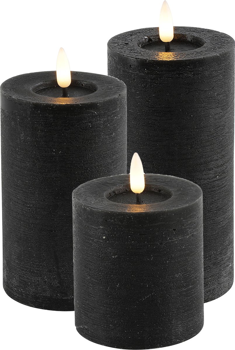 LED kaarsen/stompkaarsen - set 3x - zwart - H8, H12,5 en H15 cm - timer