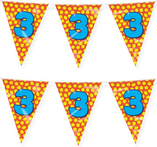 Paperdreams verjaardag 3 jaar thema vlaggetjes - 2x - feestversiering - 10m - folie - dubbelzijdig