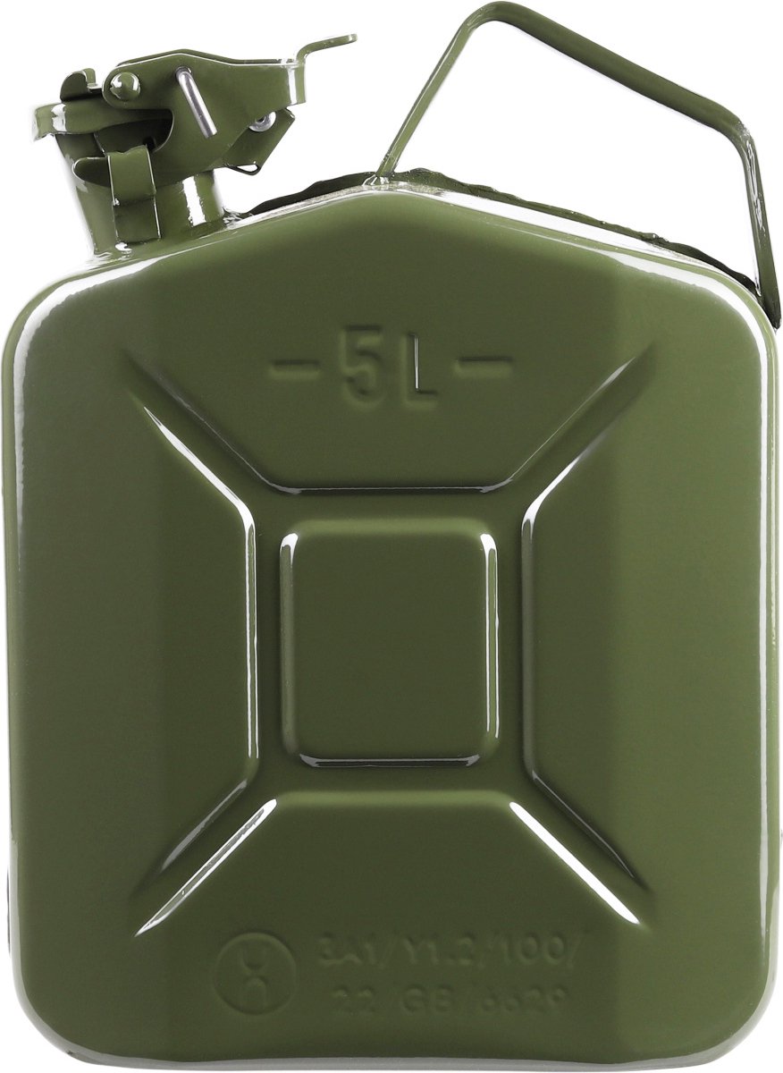 Jerrican en métal vert armée pour carburant avec bouchon magnétique 5  litres avec bec