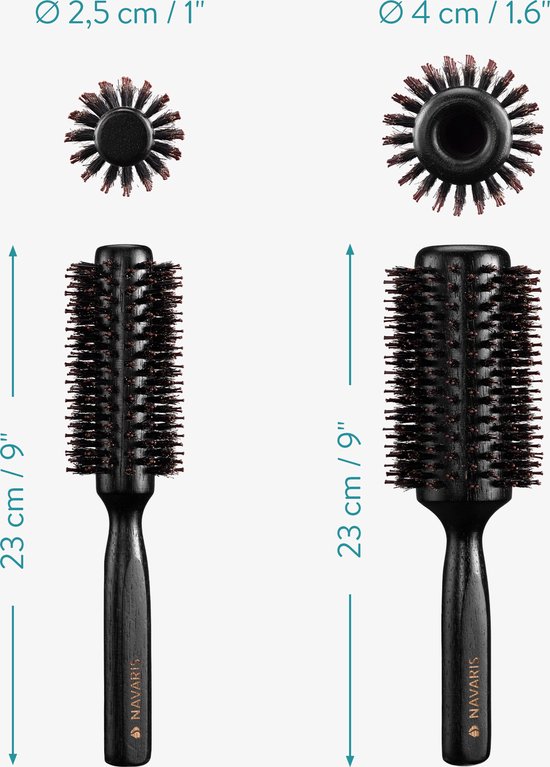 Brosses à cheveux rondes Navaris en poils de sanglier - Set de 2 pièces - Brosses en bois à poils naturels - Antistatiques et résistantes à la chaleur - 2 tailles