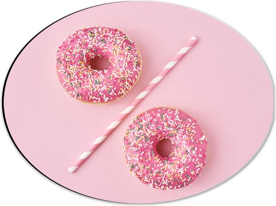 Dibond Ovaal - Twee Roze Donuts met Rietje op Lichtroze Achtergrond - 40x30 cm Foto op Ovaal (Met Ophangsysteem)