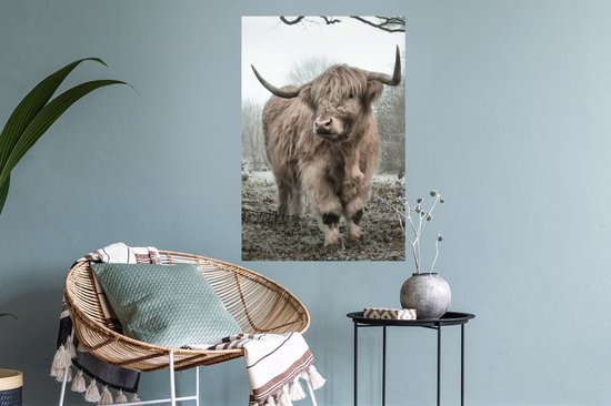 Stickers muraux - Film autocollant - Highlander écossais - Forêt - Brouillard - Vache - Animaux - Nature - 40x60 cm - Film adhésif - Stickers muraux Chambre d'enfant - Papier peint autocollant