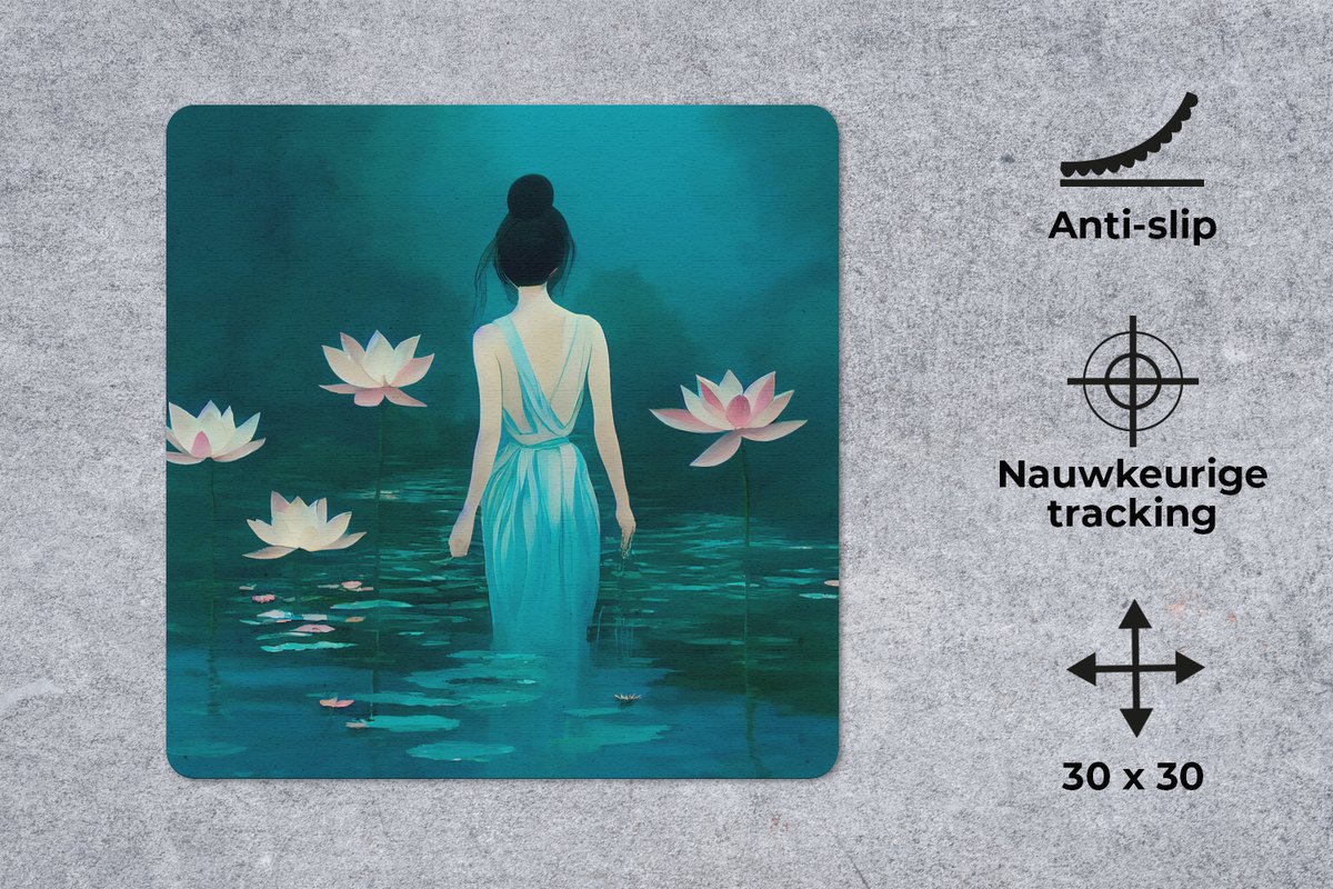 Muismat 30x30 cm - Mousepad Vrouw - Portret - Water - Bloemen - Lelie - Muismatten