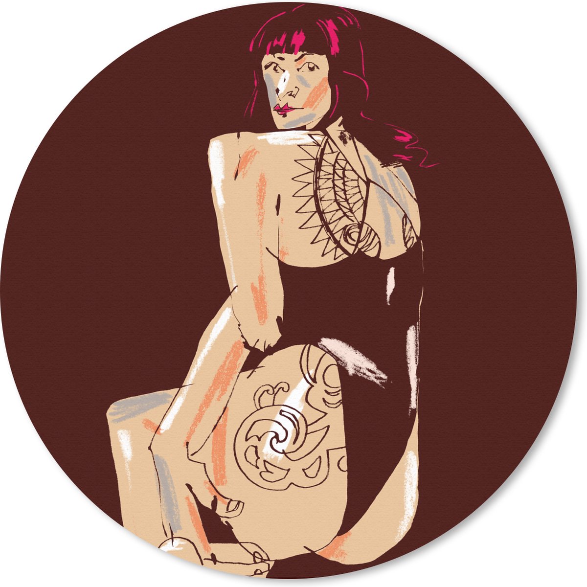 Muismat rond 50x50 cm - Mousepad Vrouw - Tattoo - Abstract - Portret - Ronde muismatten