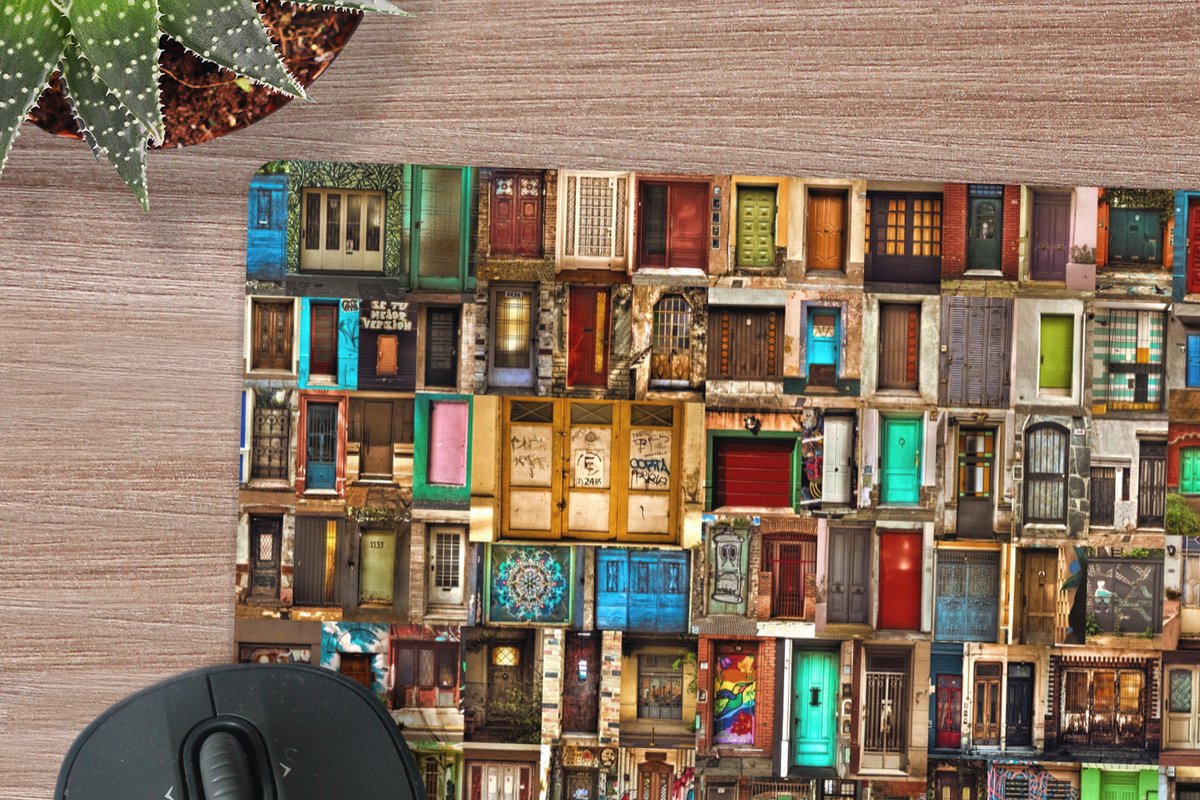 Muismat XXL 50x50 cm - Bureau onderlegger - Bureau mat Deuren - Kleurrijk - Collage - Architectuur - Bureaumat - Gaming mousepad xl - Bureaulegger groot - Computer deskmat