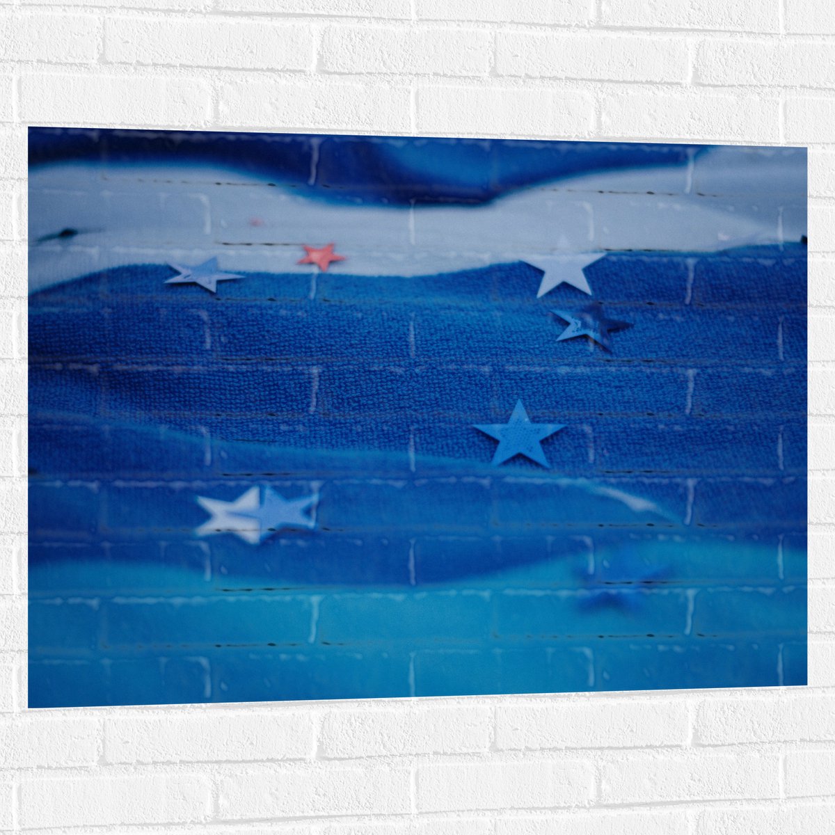 Muursticker - Blauwe Handdoek met Sterretjes erop - 100x75 cm Foto op Muursticker