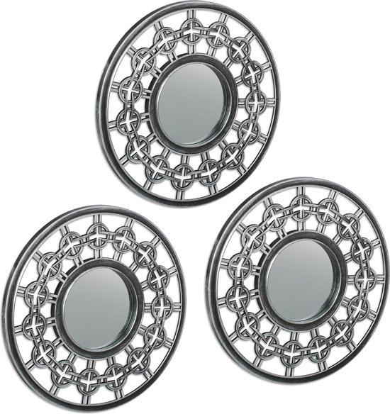 Relaxdays spiegel set van 3 - ronde wandspiegel met dikke rand - zilveren muurspiegel 25cm