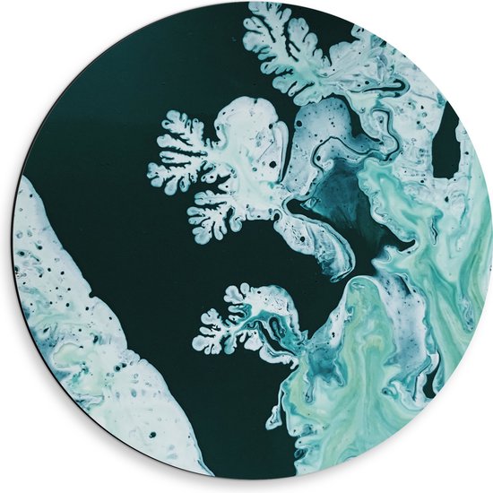 Dibond Muurcirkel - Blauw, Groen en Witte Verf op Donkergroene Achtergrond - 50x50 cm Foto op Aluminium Muurcirkel (met ophangsysteem)