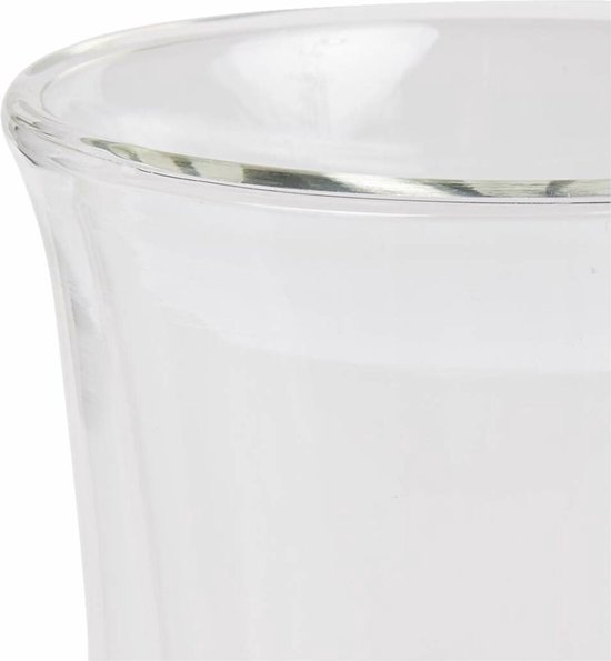 Close-up van de rand van een leeg DeLonghi glas met dubbele wand.