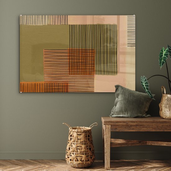 MuchoWow® Peinture sur verre 90x60 cm - Peinture sur verre - Abstrait - Lignes - Cube - Patchwork - Photo sur verre acrylique - Peintures