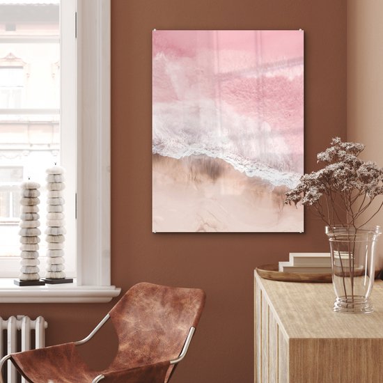 MuchoWow® Peinture sur verre 60x80 cm - Peinture sur verre - Plage - Mer - Rose - Nature - Vagues - Photo sur verre acrylique - Peintures