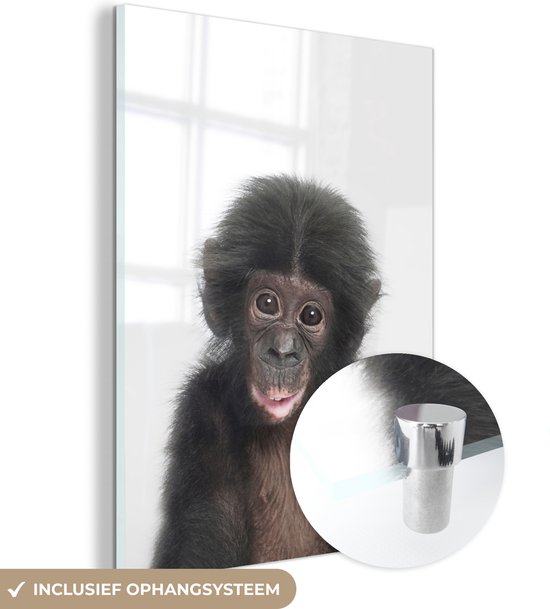 MuchoWow® Glasschilderij 90x120 cm - Schilderij acrylglas - Aap - Dieren - Natuur - Chimpansee - Foto op glas - Schilderijen