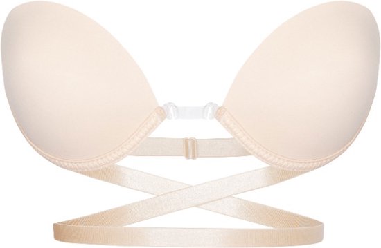 Nude plak bh met bandjes gekruist als een bandeau, met een extra bandje rond de buik.