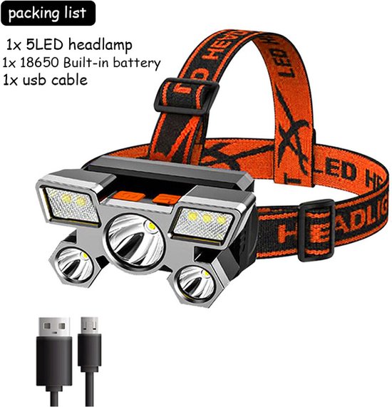 Lampe frontale – Batterie intégrée rechargeable par USB – 5 Phares puissants à LED – Lampe de poche super lumineuse montée sur la tête – Pêche de nuit rechargeable en Plein air