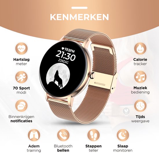AyeWay Smartwatch - Waterdicht & Touchscreen - Rond Stalen Band - 70 ...