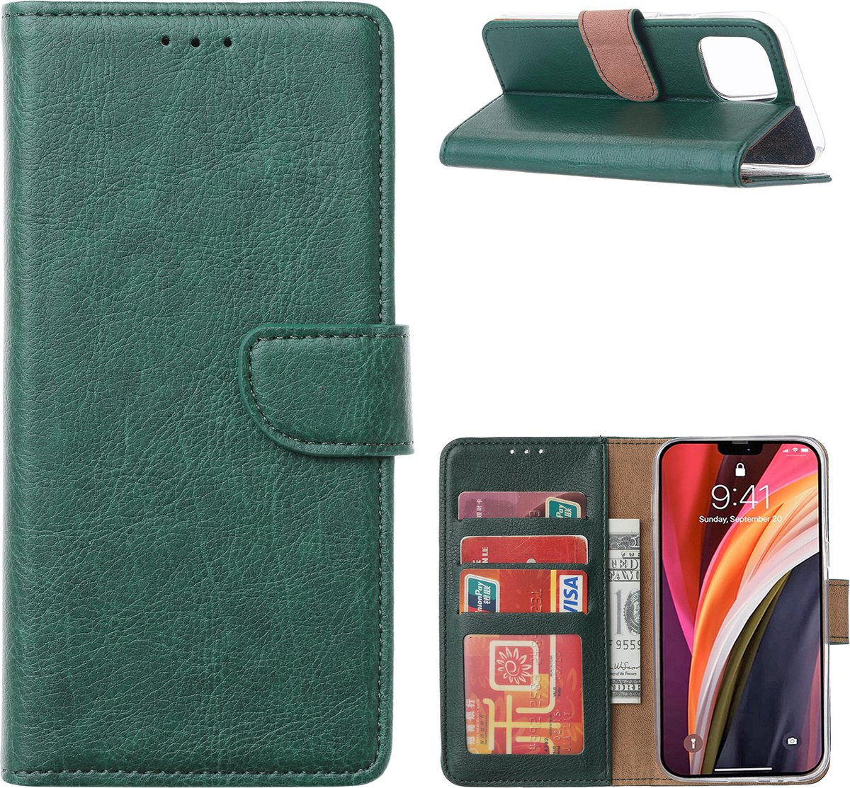 Cityhoesje - iPhone 14 Pro - Bookcase incl. Pasjeshouder - Groen