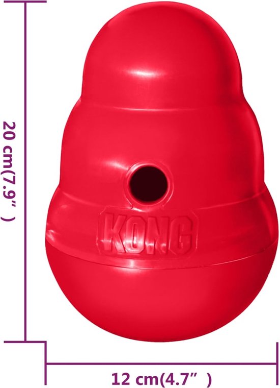 Een rood Kong-speeltje met afmetingen: 20 cm hoog en 12 cm breed.