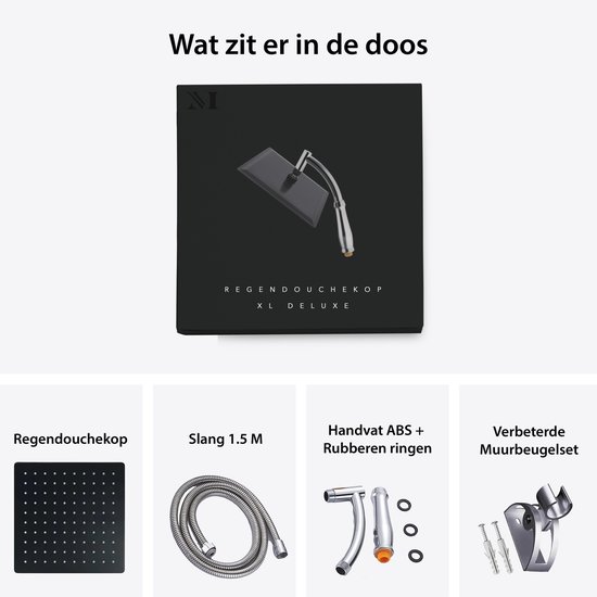 De inhoud van de doos: zwarte XL douchekop, 1.5m slang, handvat met rubberringen, en verstelbare muurbeugel.