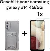 samsung a14 4G/5G siliconen transparant hoesje antischok met pashouder + 1x screen protector samsung galaxy a14 4G/5G antishock backcover doorzichtig achterkant with card holder + 1x tempered glas protectie