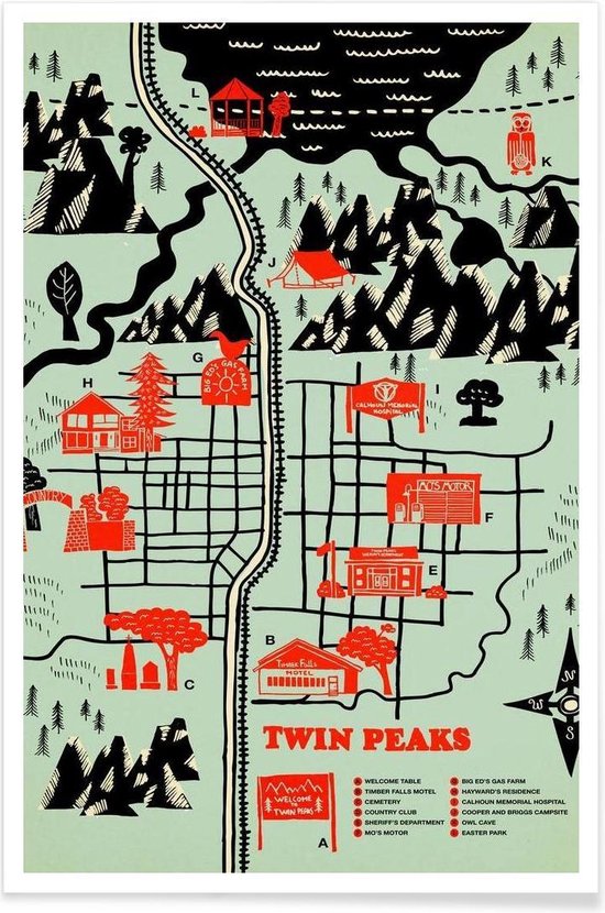 JUNIQE - Poster Twin Peaks -20x30 /Groen & Rood