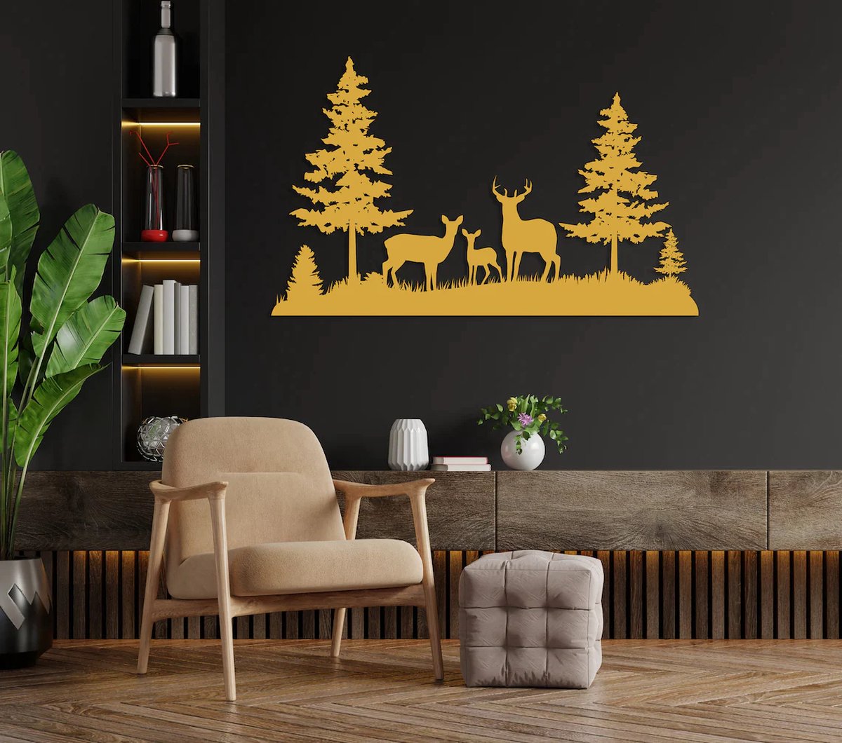Metalen Wanddecoratie Herten Familie – 3D Wandkunst – Goud – 115 x 70 cm