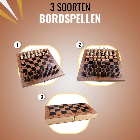 Thumbnail van een extra afbeelding van het spel Schaakbord | Dambord | Backgammon | 48 x 48 cm | Schaakspel | Schaakset | Schaken | Dammen | Met Schaakstukken | 3-in-1 Bordspel | Chess | Hout | Opklapbaar