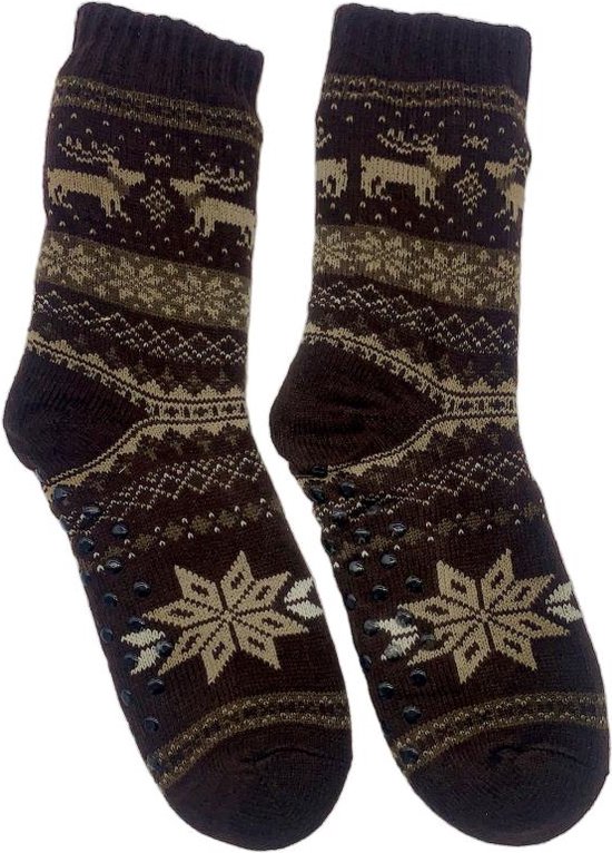 Merino Wollen Sokken Heren - Bruin met Rendier - Maat 43/46 - Huissokken - Anti slip sokken - Warme sokken - Winter sokken