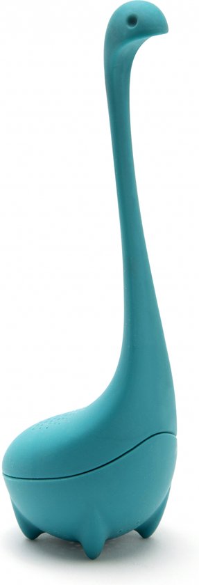 Turquoise dinosaurus-vormige theefilter op een witte ondergrond.