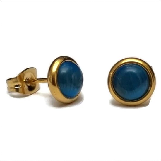 Aramat jewels ® - Oorbellen zweerknopjes donker blauw cats eye goudkleurig chirurgisch staal 8mm