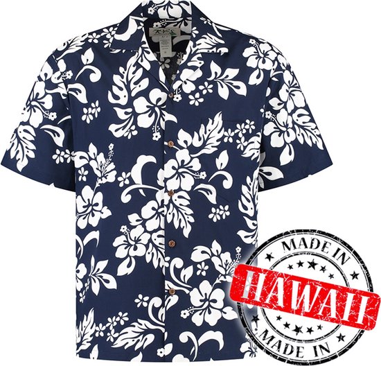 Hawaii Blouse Mannen - Shirt - Hemd - 100% Katoen - Overhemd Heren Korte Mouw - Made in Hawaii "Hawaii Bloemen Blauw" Maat S