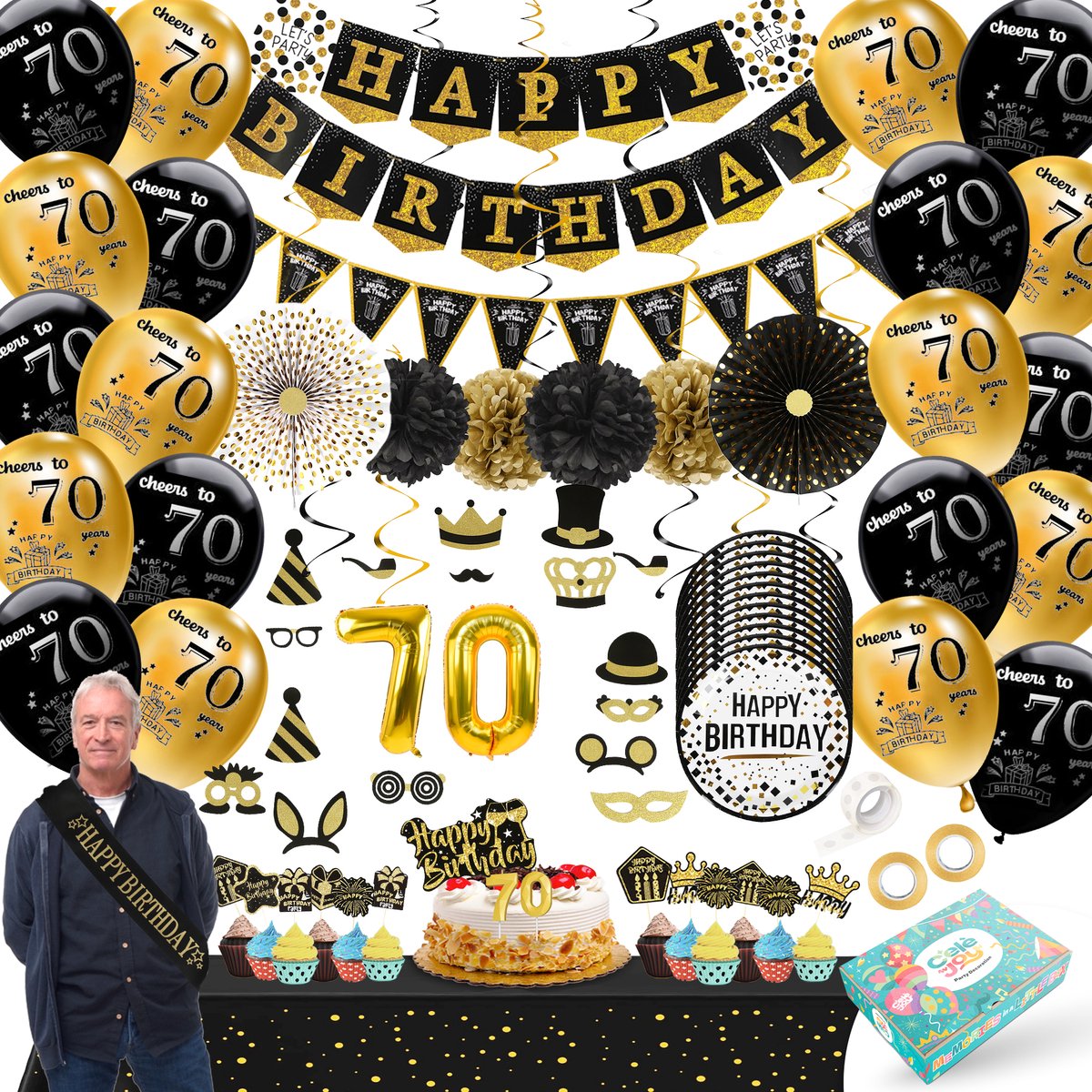 70 Jaar Verjaardag Versiering Zwart Goud - 92-Delig Feestpakket Man Vrouw - Ballonnen Slingers Taarttopper Cijferballon - Verjaardag Decoratie Set - Celejoy