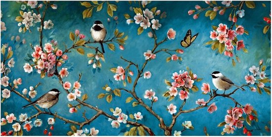 Allernieuwste.nl® Canvas Schilderij Blossom - Blauw Bloemen & Vogels - Realistisch - Poster - 60 x 120 cm - Kleur