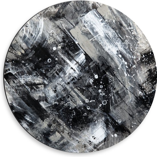 Dibond Muurcirkel - Abstracte Verfmix van Zwart en Wit Tinten - 50x50 cm Foto op Aluminium Muurcirkel (met ophangsysteem)