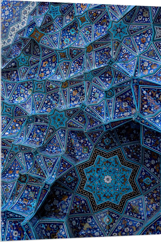 Acrylglas - Blauw Bloemenpatroon op Tegels in Plafond - 80x120 cm Foto op Acrylglas (Met Ophangsysteem)