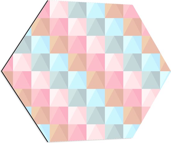 Dibond Hexagon - Blokpatroon van Blauw, Bruin en Roze Vakken - 70x60.9 cm Foto op Hexagon (Met Ophangsysteem)