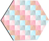 Dibond Hexagon - Blokpatroon van Blauw, Bruin en Roze Vakken - 30x26.1 cm Foto op Hexagon (Met Ophangsysteem)