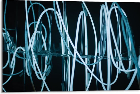 Dibond - Blauwe Neon Kleurige Draden tegen Zwarte Achtergrond - 75x50 cm Foto op Aluminium (Wanddecoratie van metaal)